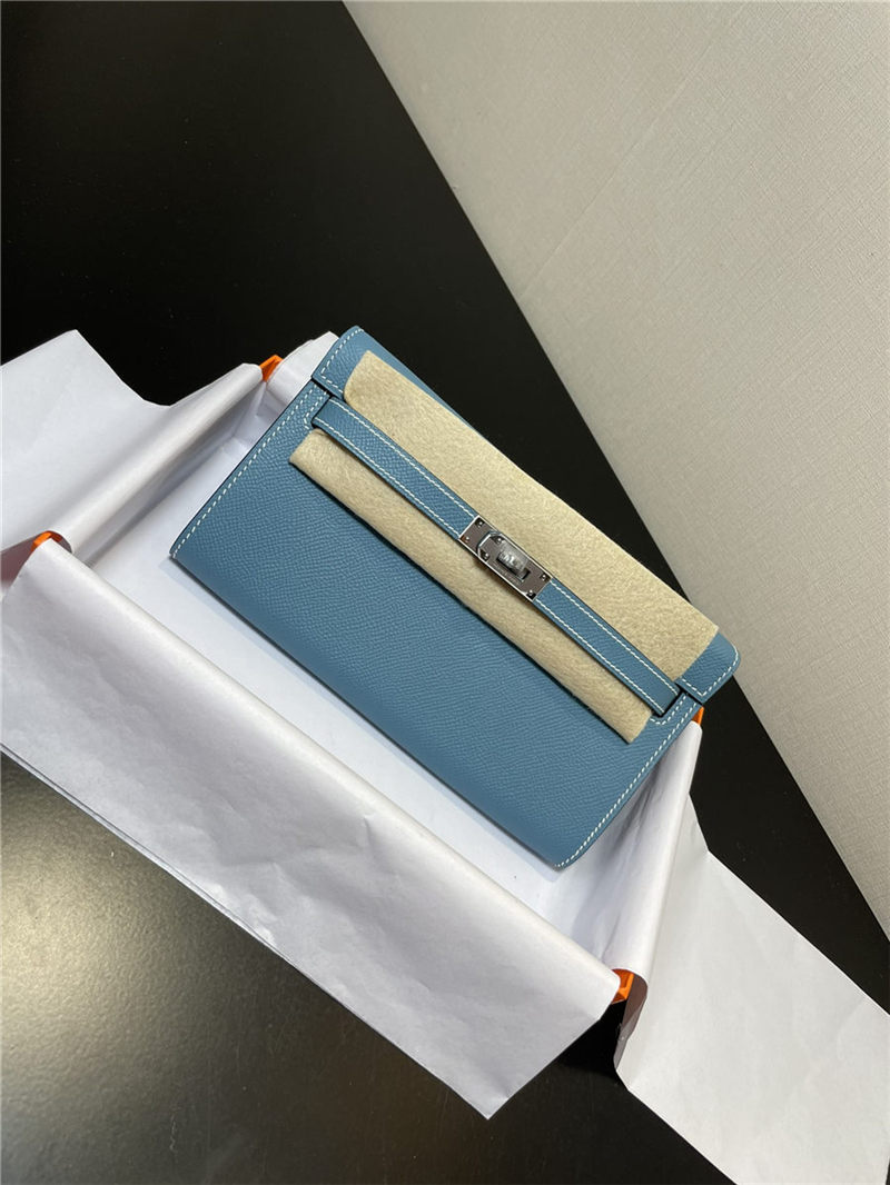 Hermes Kelly Classique To Go wallet Epsom calfskin Denim Blue Silver-Metal WAX High