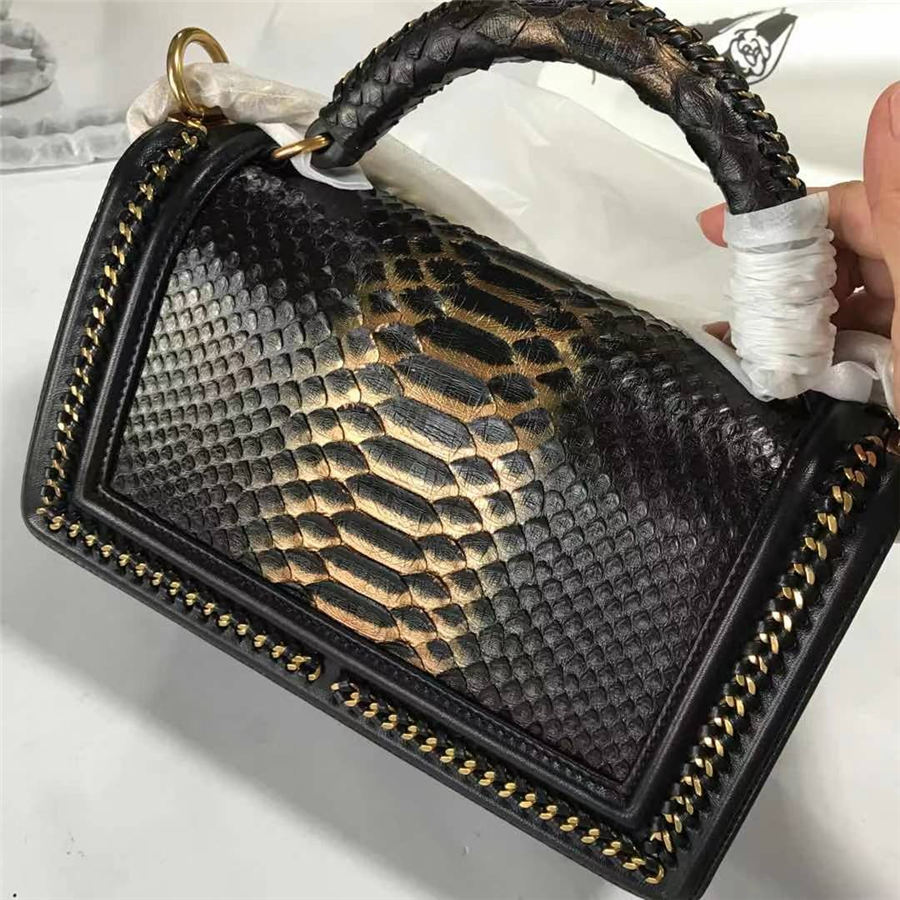 BOY Chanel FLAP BAG WITH HANDLE Python & Gold Metal High