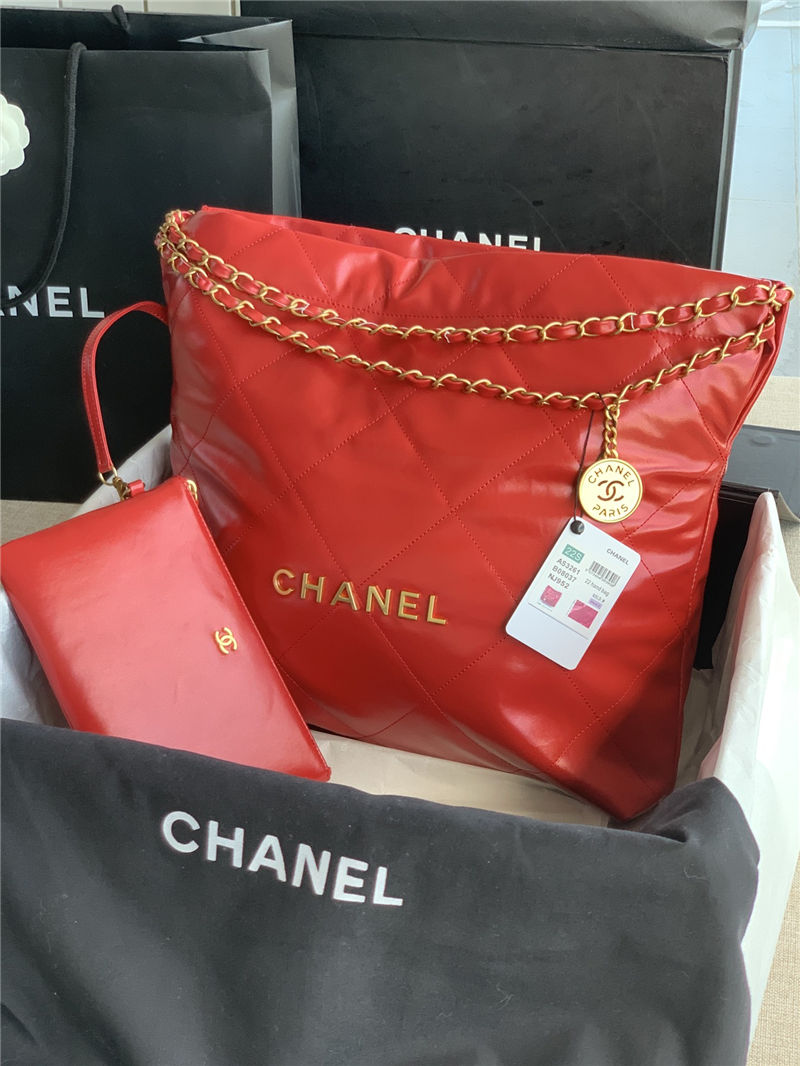 Chanel 22 MEDIUM HANDBAG Shiny Calfskin & Gold-Tone Metal AS3261 Red High