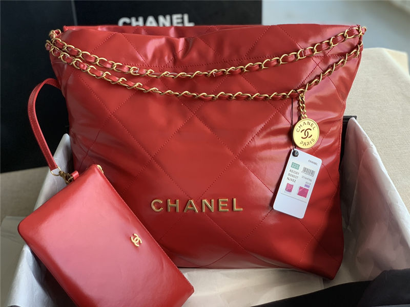 Chanel 22 MEDIUM HANDBAG Shiny Calfskin & Gold-Tone Metal AS3261 Red High