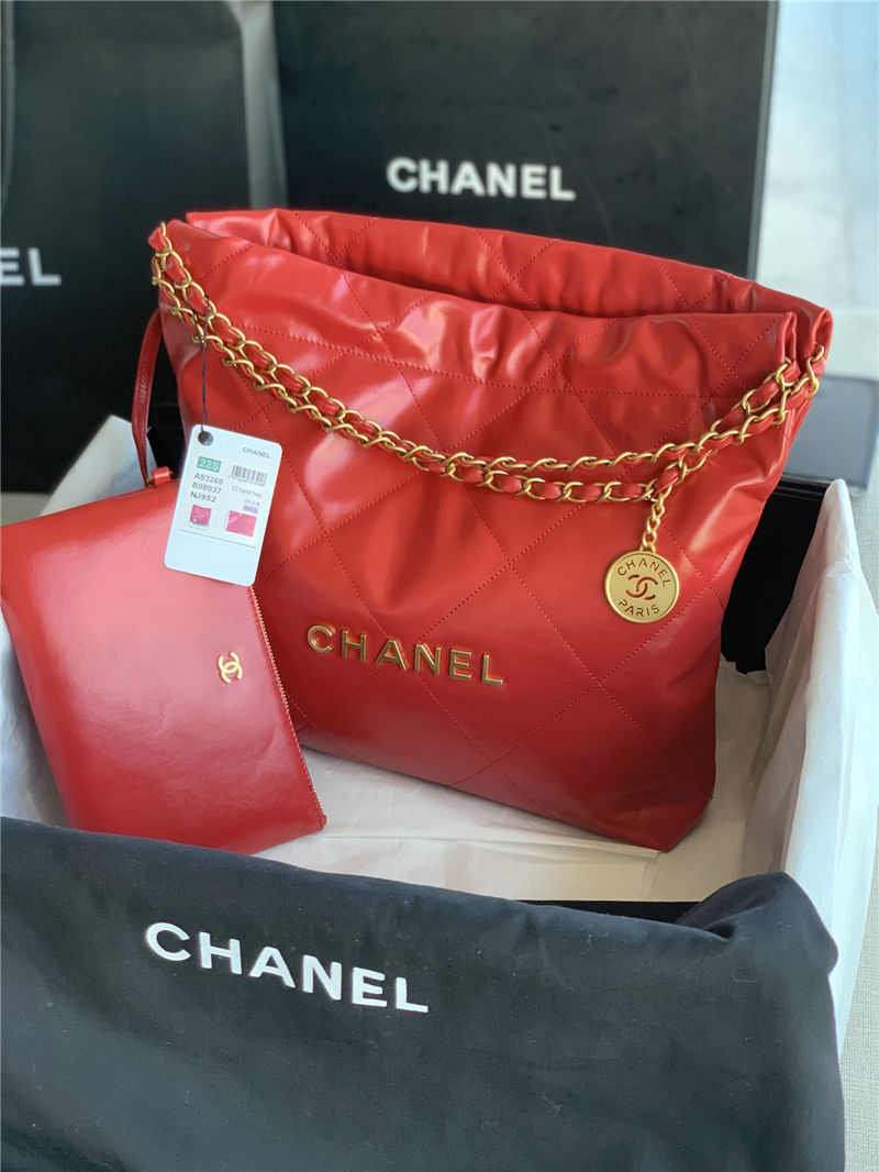 Chanel 22 SMALL HANDBAG Shiny Calfskin & Gold-Tone Metal AS3260 Red High