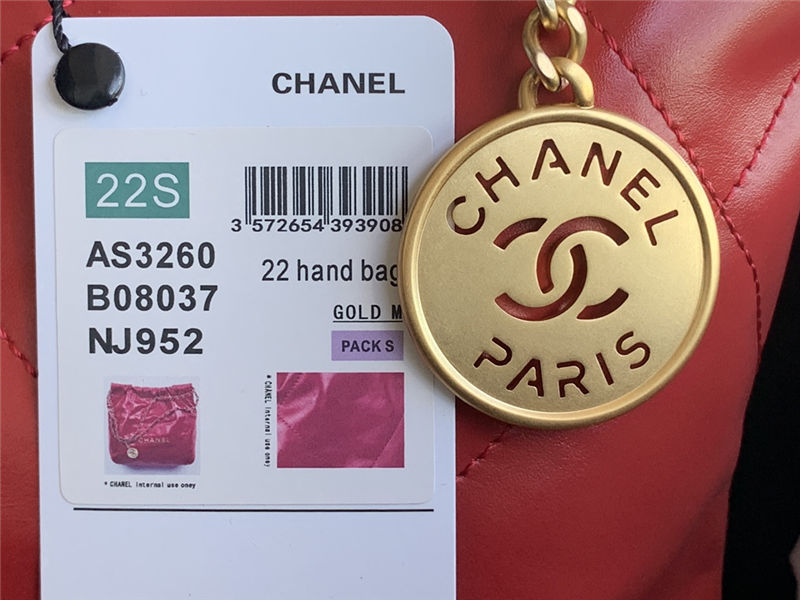 Chanel 22 SMALL HANDBAG Shiny Calfskin & Gold-Tone Metal AS3260 Red High