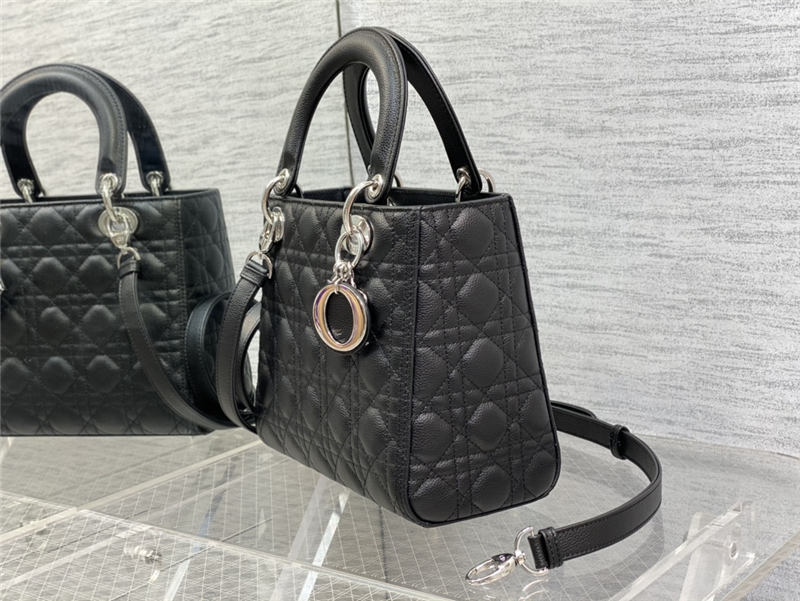 MEDIUM LADY Dior BAG Grained Cannage Calfskin Black Silver-Metal High