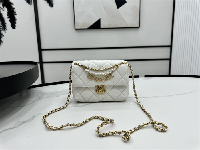 Chanel Mini Flap Bag AS4986 Shiny Lambskin, Imitation Pearls & Gold Metal A