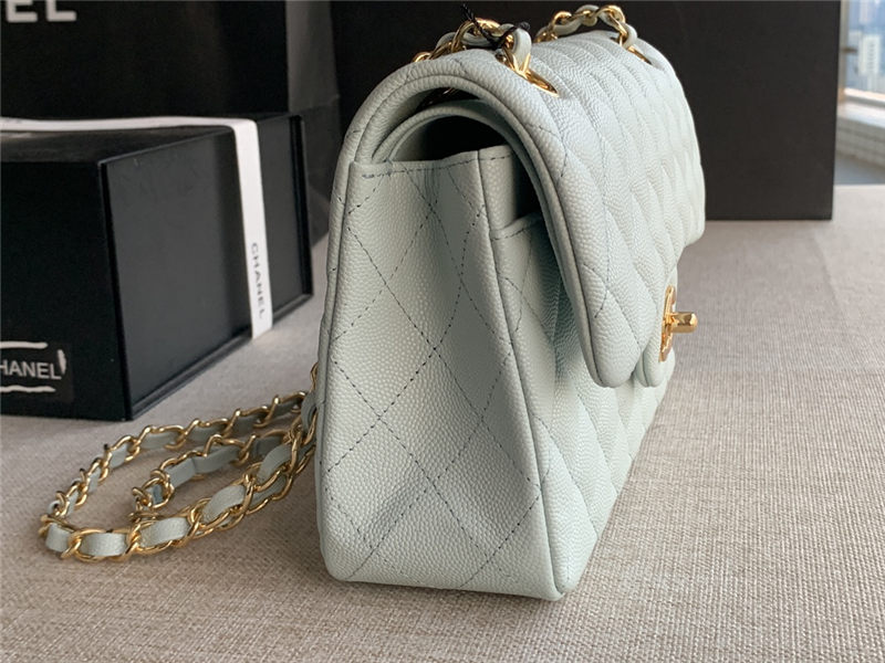 Small CLASSIC HANDBAG Grained Calfskin Gold Metal Grey Green A