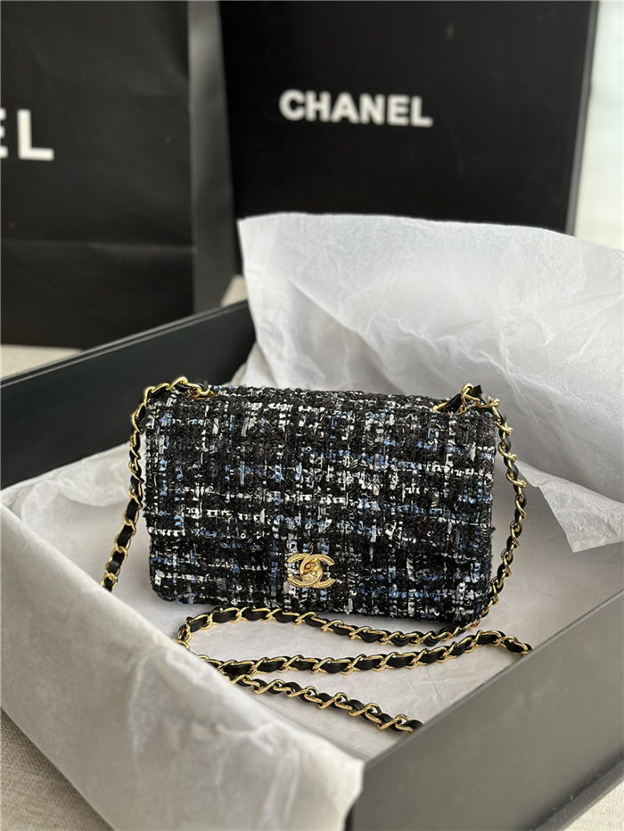 Chanel Mini Classic Flap Bag Tweed Black/Blue High