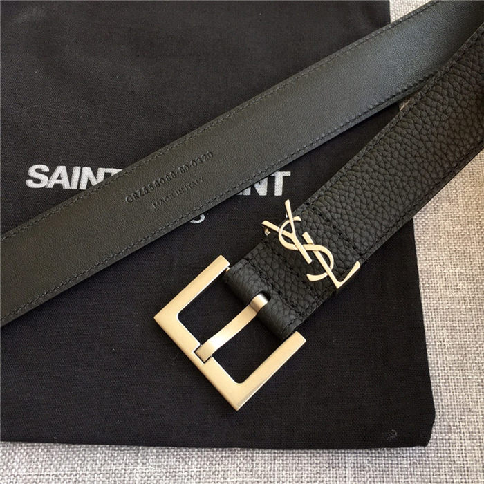 YSL CASSANDRE BELT WITH SQUARE BUCKLE IN GRAINED LEATHER 30MM Silver High