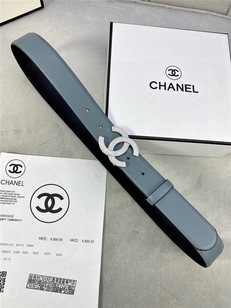 Chanel BELT Calfskin Gold/Silver Metal & Strass 30MM 2-1005 Grey Blue 2022 High