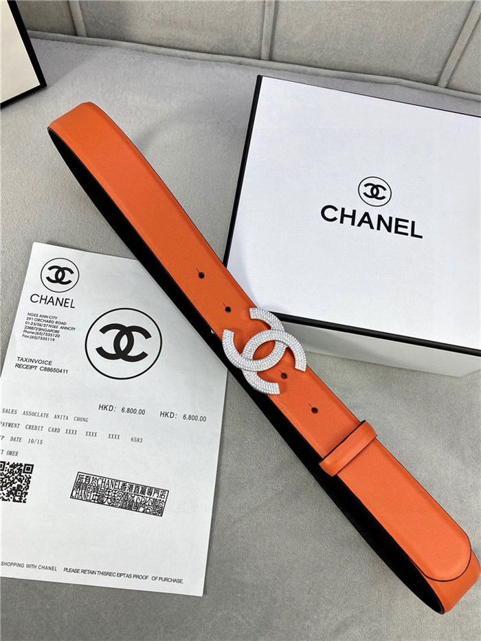 Chanel BELT Calfskin Gold/Silver Metal & Strass 30MM 2-1005 Orange 2022 High