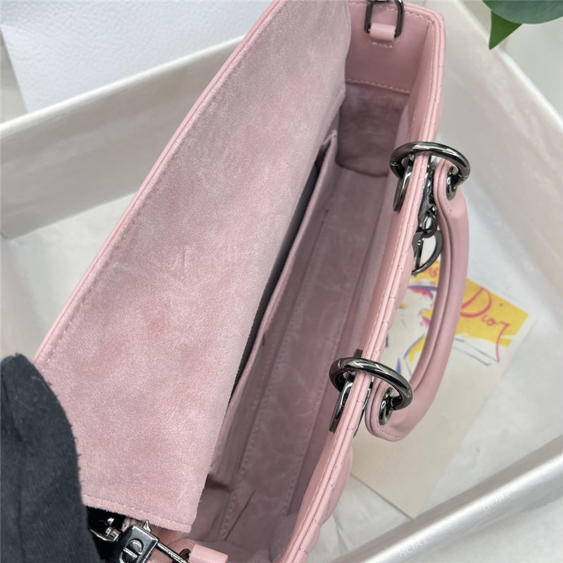 LADY D-JOY BAG MEDIUM Cannage Lambskin Pink Pewter Metal High