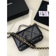 Chanel 19 WALLET ON CHAIN Shiny Lambskin, Gold/Silver-Tone & Ruthenium-Finish Metal Black A