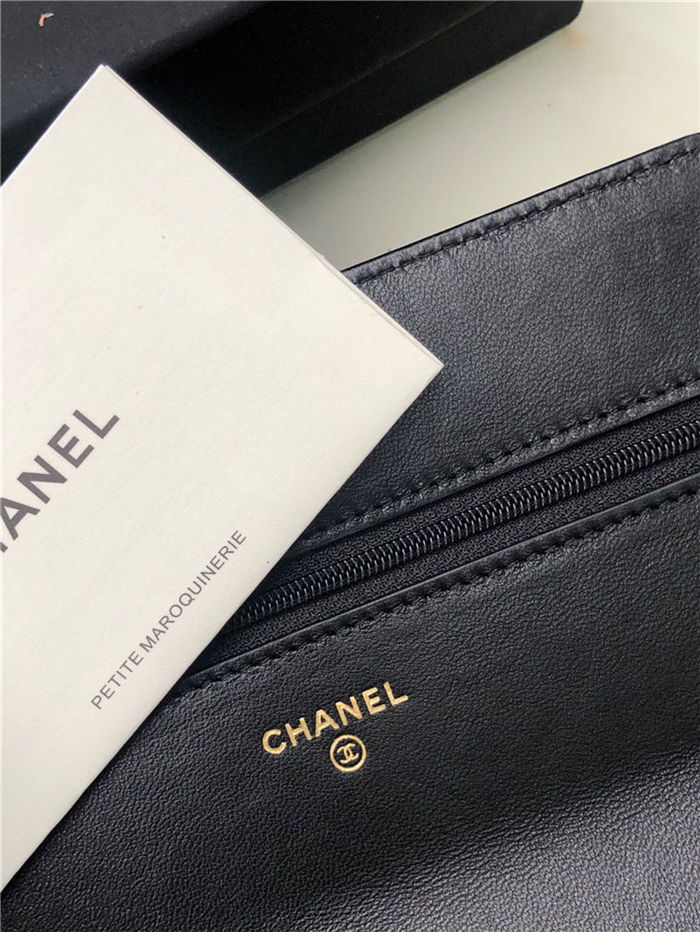 Chanel 19 WALLET ON CHAIN Shiny Lambskin, Gold/Silver-Tone & Ruthenium-Finish Metal Black A