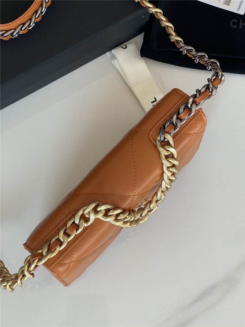 Chanel 19 WALLET ON CHAIN Shiny Lambskin, Gold/Silver-Tone & Ruthenium-Finish Metal Orange A