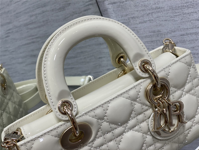 LADY D-JOY BAG SMALL Patent Cannage Calfskin White High