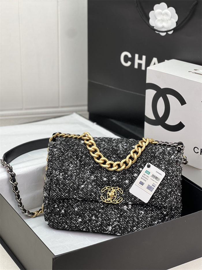 Large Chanel 19 Flap Bag Tweed Gold-Tone Grey High