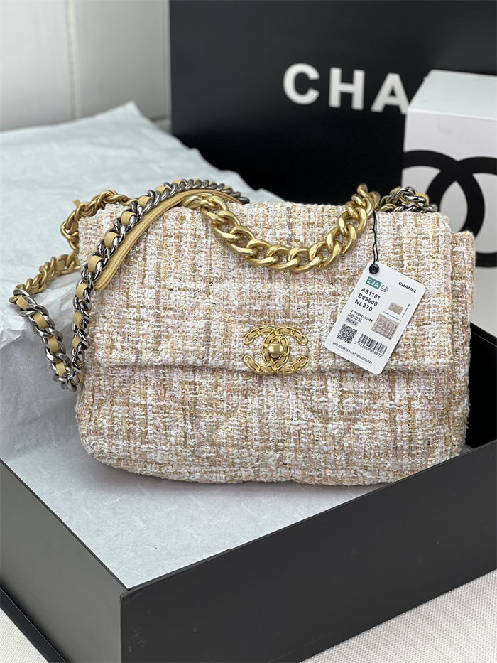 Large Chanel 19 Flap Bag Tweed Gold-Tone Beige High