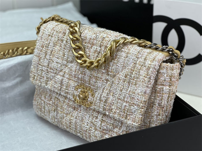 Large Chanel 19 Flap Bag Tweed Gold-Tone Beige High