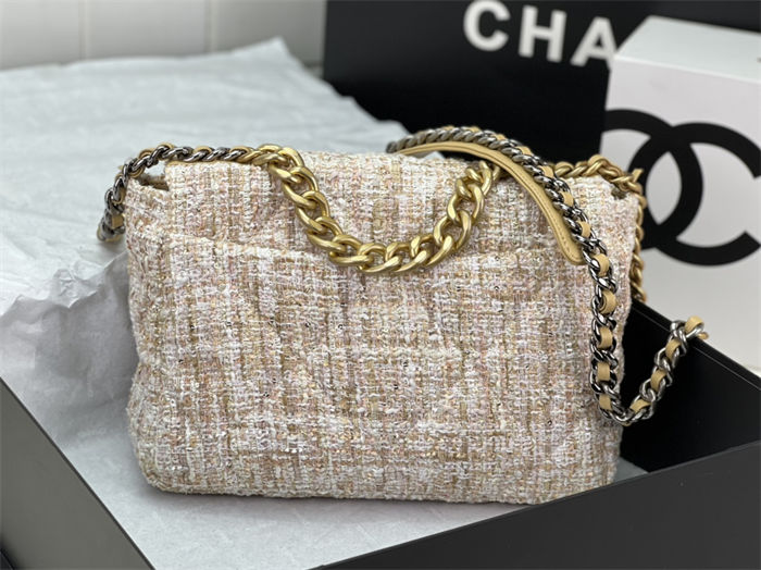 Large Chanel 19 Flap Bag Tweed Gold-Tone Beige High