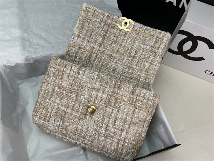 Large Chanel 19 Flap Bag Tweed Gold-Tone Beige High