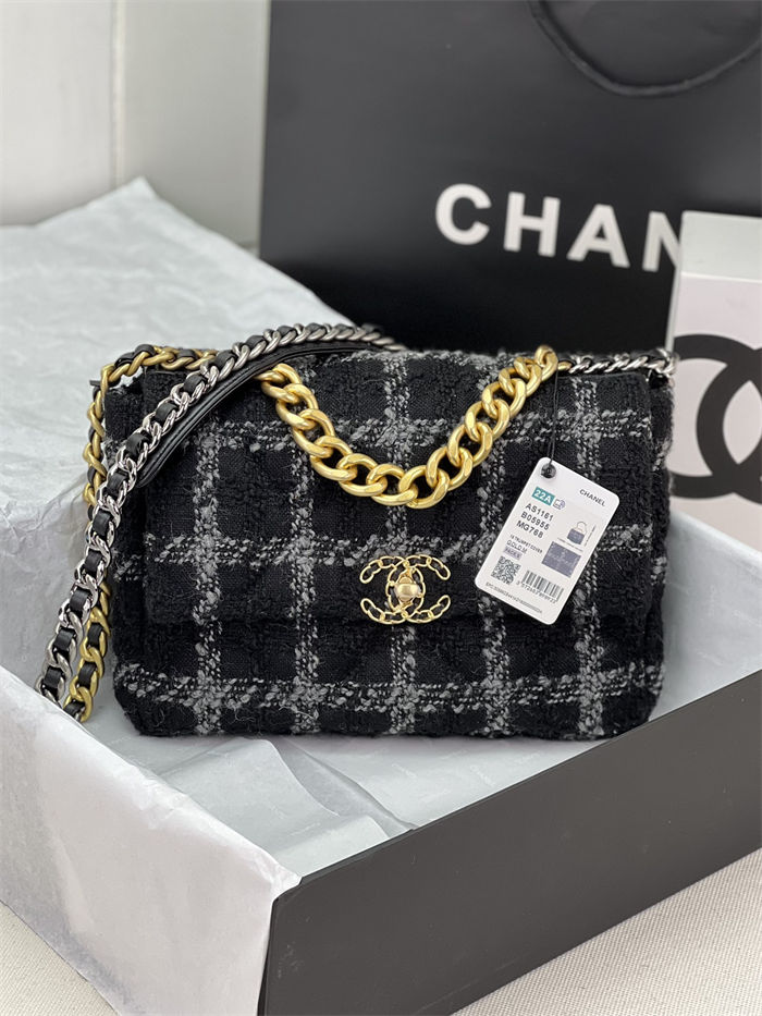 Large Chanel 19 Flap Bag Tweed Gold-Tone Black-Grey High