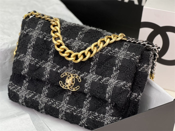 Large Chanel 19 Flap Bag Tweed Gold-Tone Black-Grey High