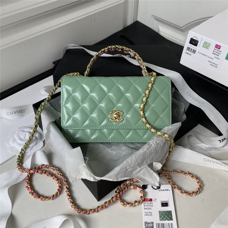 Chanel FLAP BAG WITH TOP HANDLE AP3240 Calfskin & Gold-Tone Metal Green A