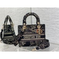 MEDIUM LADY D-LITE BAG Dior Jardin d'Hiver Embroidered Cotton with Velvet and Metallic Thread Black High