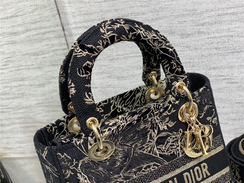 MEDIUM LADY D-LITE BAG Dior Jardin d'Hiver Embroidered Cotton with Velvet and Metallic Thread Black High