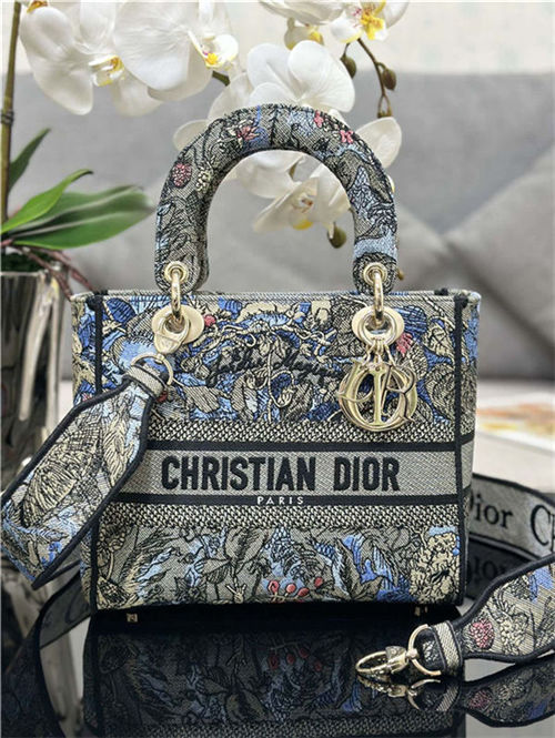 MEDIUM LADY D-LITE BAG Dior Jardin Magique Embroidery Denim High