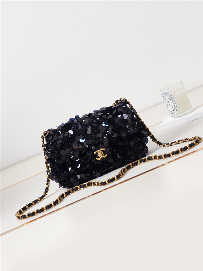 Mini CLASSIC HANDBAG Sequins & Gold-Tone Metal Black A