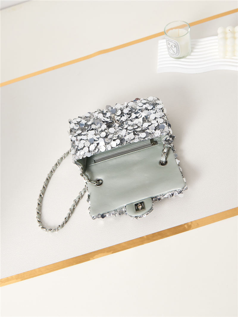 Mini CLASSIC HANDBAG Sequins & Gold-Tone Metal Silver A