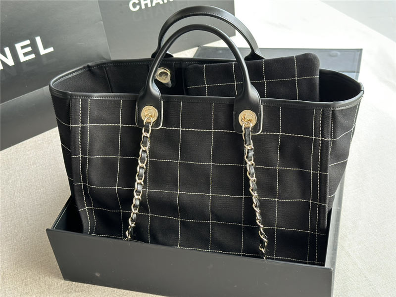 LARGE SHOPPING BAG Cotton, Calfskin & Silver-Tone Metal A66941 Black High