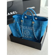 LARGE SHOPPING BAG Cotton, Calfskin & Silver-Tone Metal A66941 Blue High