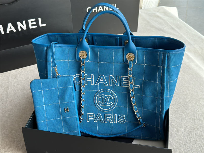 LARGE SHOPPING BAG Cotton, Calfskin & Silver-Tone Metal A66941 Blue High