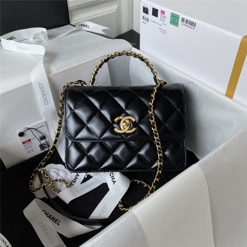 Chanel MINI FLAP BAG WITH TOP HANDLE AS3886 Shiny Calfskin & Gold-Tone Metal Black A