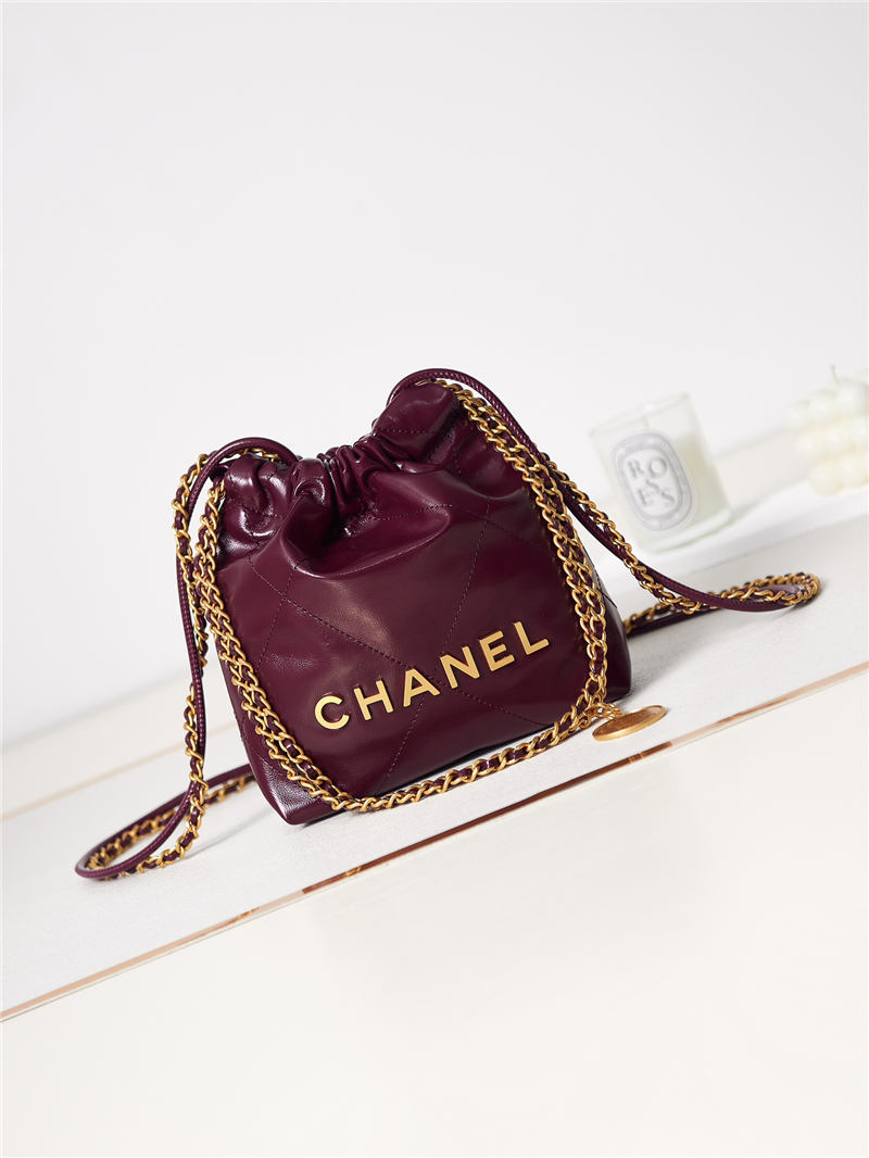 Chanel 22 MINI HANDBAG Shiny Calfskin Burgundy & Gold-Tone Metal AS3980 High