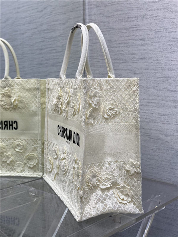 LARGE Dior BOOK TOTE Embroidered with 3D Flowers White High