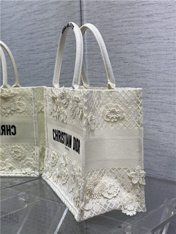 MEDIUM Dior BOOK TOTE Embroidered with 3D Flowers White High