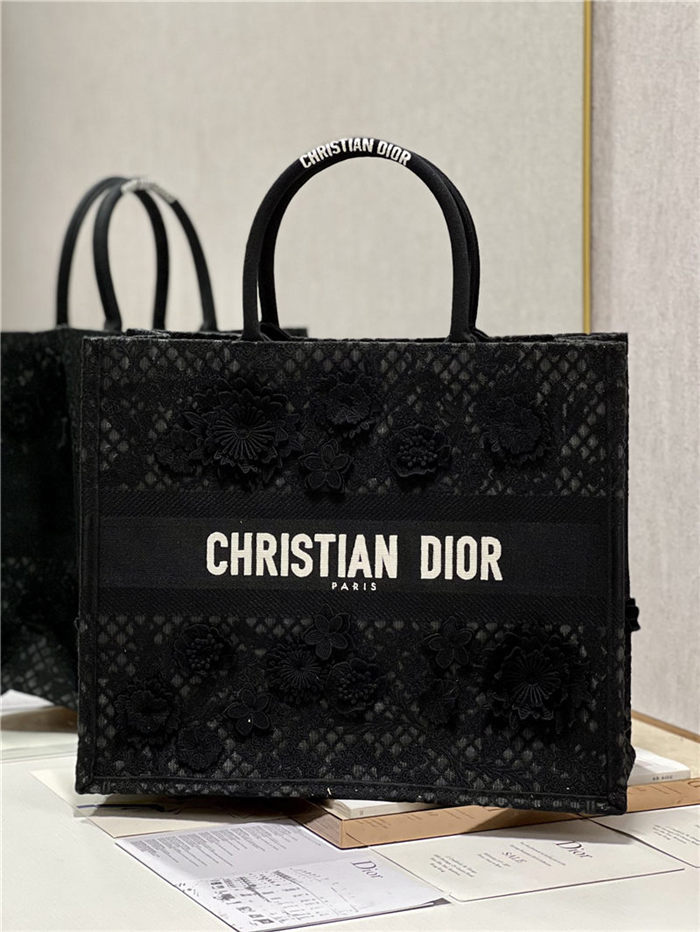 LARGE Dior BOOK TOTE Embroidered with 3D Flowers Black High