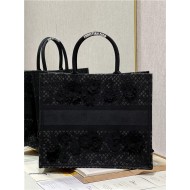 LARGE Dior BOOK TOTE Embroidered with 3D Flowers Black High