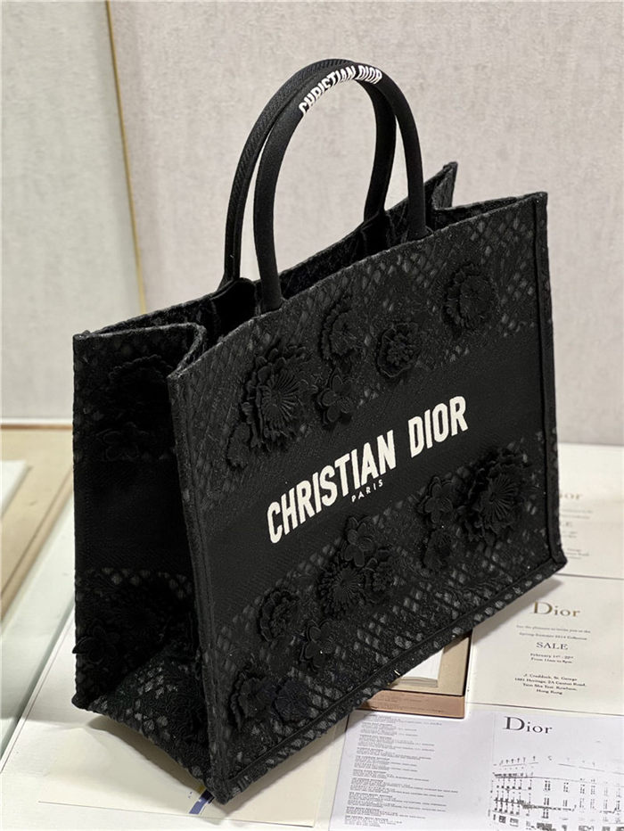 LARGE Dior BOOK TOTE Embroidered with 3D Flowers Black High