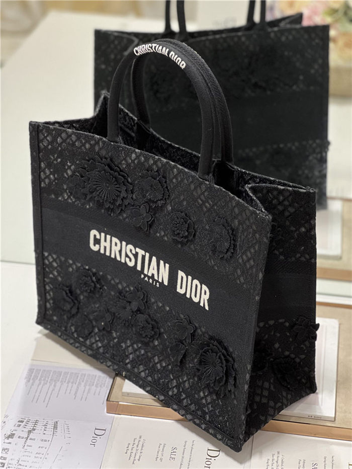 LARGE Dior BOOK TOTE Embroidered with 3D Flowers Black High