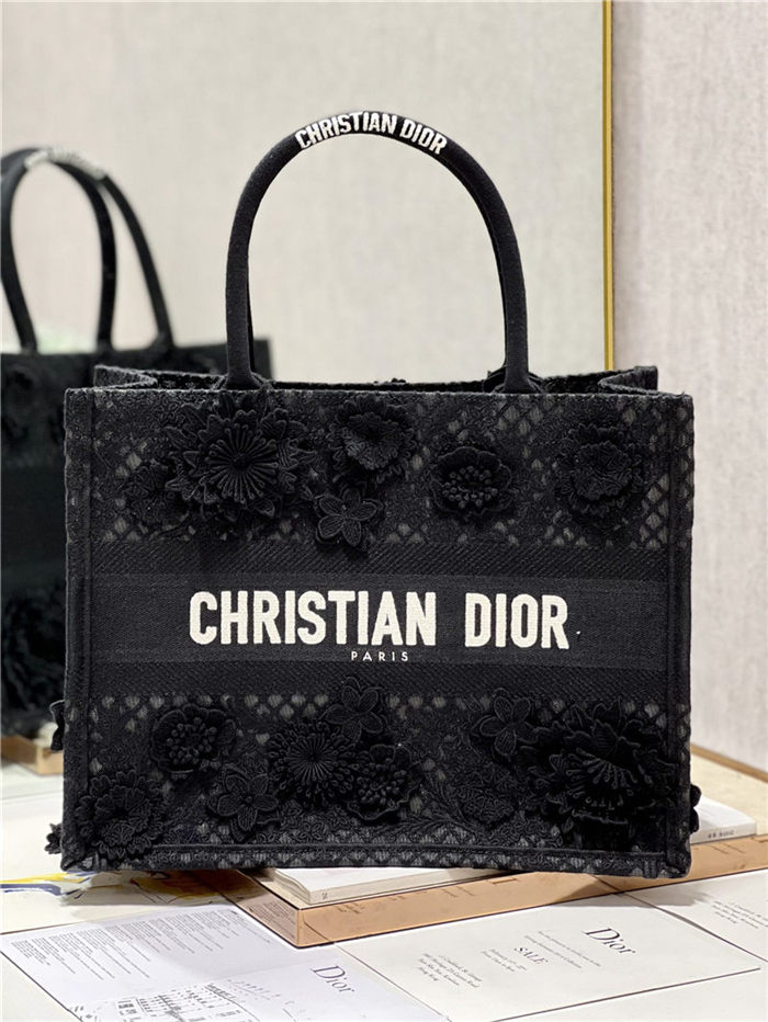 MEDIUM Dior BOOK TOTE Embroidered with 3D Flowers Black High