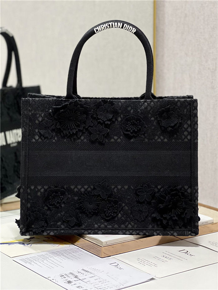 MEDIUM Dior BOOK TOTE Embroidered with 3D Flowers Black High