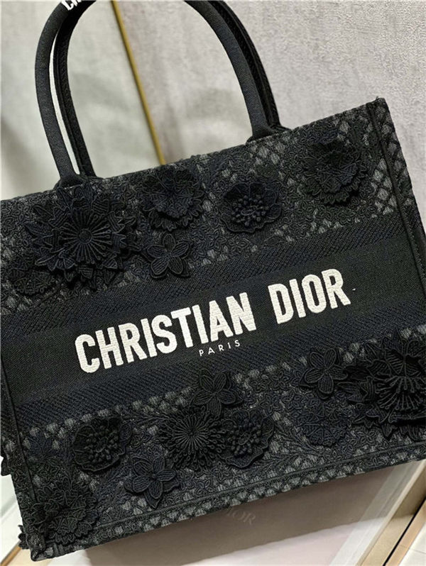 MEDIUM Dior BOOK TOTE Embroidered with 3D Flowers Black High