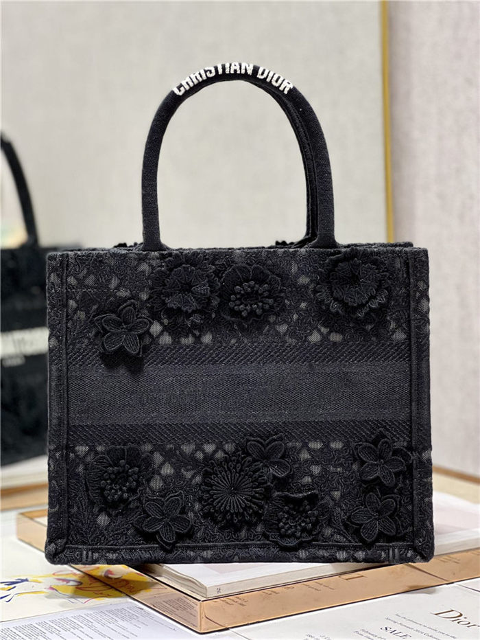 SMALL Dior BOOK TOTE Embroidered with 3D Flowers Black High