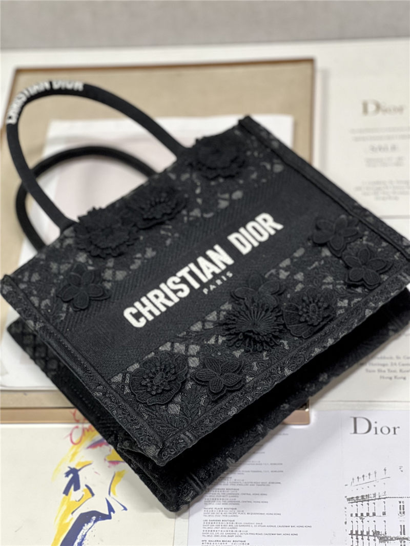 SMALL Dior BOOK TOTE Embroidered with 3D Flowers Black High