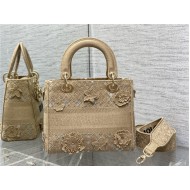 MEDIUM LADY D-LITE BAG Embroidered with 3D Flowers Natural High