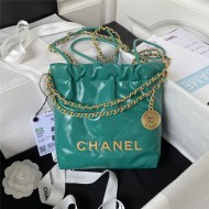 Chanel 22 MINI HANDBAG Shiny Calfskin Green-Dk & Gold-Tone Metal AS3980 High