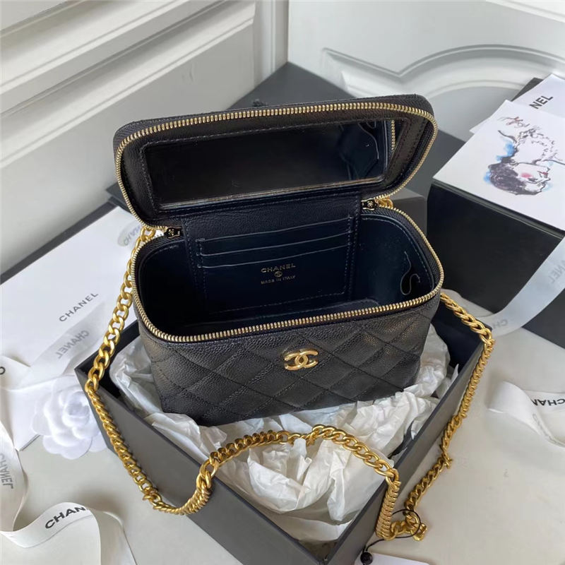 Chanel Vanity with Chain Grained Calfskin Gold Metal Black AP3204 A